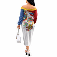Philippines MassKara Festival Off The Shoulder Long Sleeve Dress Smile Masks with Hawaiian Art Pattern and Tropical Plants LT03 - Polynesian Pride