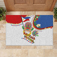 Philippines MassKara Festival Rubber Doormat Smile Masks with Hawaiian Art Pattern and Tropical Plants