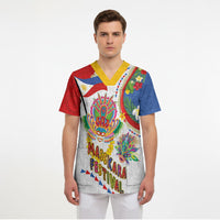 Philippines MassKara Festival Scrub Top Smile Masks with Hawaiian Art Pattern and Tropical Plants