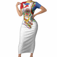 Philippines MassKara Festival Short Sleeve Bodycon Dress Smile Masks with Hawaiian Art Pattern and Tropical Plants LT03 Long Dress Multicolor - Polynesian Pride