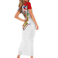 Philippines MassKara Festival Short Sleeve Bodycon Dress Smile Masks with Hawaiian Art Pattern and Tropical Plants