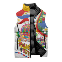 Philippines MassKara Festival Sleeveless Puffer Jacket Smile Masks with Hawaiian Art Pattern and Tropical Plants