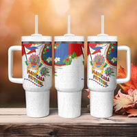 Philippines MassKara Festival Tumbler With Handle Smile Masks with Hawaiian Art Pattern and Tropical Plants