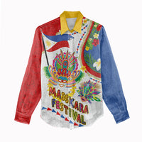 Philippines MassKara Festival Women Casual Shirt Smile Masks with Hawaiian Art Pattern and Tropical Plants