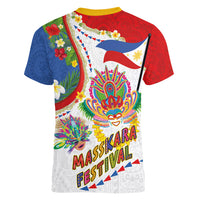 Philippines MassKara Festival Women V-Neck T-Shirt Smile Masks with Hawaiian Art Pattern and Tropical Plants