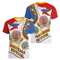Philippines MassKara Festival Women V-Neck T-Shirt Smile Masks with Hawaiian Art Pattern and Tropical Plants