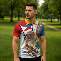 Philippines MassKara Festival Zipper Polo Shirt Smile Masks with Hawaiian Art Pattern and Tropical Plants LT03 - Polynesian Pride