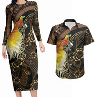 Papua New Guinea and Indonesia Batik Couples Matching Long Sleeve Bodycon Dress and Hawaiian Shirt Bird of Paradise with Tribal Batik Patterns LT03 Multicolor - Polynesian Pride
