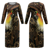 Papua New Guinea and Indonesia Batik Couples Matching Long Sleeve Bodycon Dress and Long Sleeve Button Shirt Bird of Paradise with Tribal Batik Patterns LT03 - Polynesian Pride