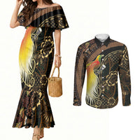 Papua New Guinea and Indonesia Batik Couples Matching Mermaid Dress and Long Sleeve Button Shirt Bird of Paradise with Tribal Batik Patterns LT03 Multicolor - Polynesian Pride