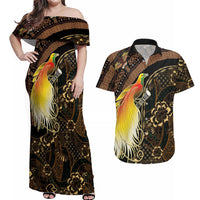 Papua New Guinea and Indonesia Batik Couples Matching Off Shoulder Maxi Dress and Hawaiian Shirt Bird of Paradise with Tribal Batik Patterns