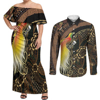 Papua New Guinea and Indonesia Batik Couples Matching Off Shoulder Maxi Dress and Long Sleeve Button Shirt Bird of Paradise with Tribal Batik Patterns LT03 Multicolor - Polynesian Pride