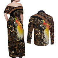 Papua New Guinea and Indonesia Batik Couples Matching Off Shoulder Maxi Dress and Long Sleeve Button Shirt Bird of Paradise with Tribal Batik Patterns