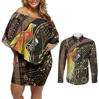 Papua New Guinea and Indonesia Batik Couples Matching Off Shoulder Short Dress and Long Sleeve Button Shirt Bird of Paradise with Tribal Batik Patterns LT03 Multicolor - Polynesian Pride