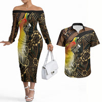 Papua New Guinea and Indonesia Batik Couples Matching Off The Shoulder Long Sleeve Dress and Hawaiian Shirt Bird of Paradise with Tribal Batik Patterns LT03 Multicolor - Polynesian Pride