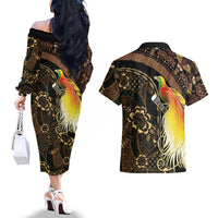 Papua New Guinea and Indonesia Batik Couples Matching Off The Shoulder Long Sleeve Dress and Hawaiian Shirt Bird of Paradise with Tribal Batik Patterns