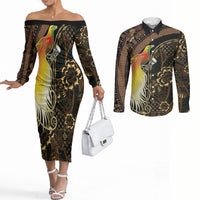 Papua New Guinea and Indonesia Batik Couples Matching Off The Shoulder Long Sleeve Dress and Long Sleeve Button Shirt Bird of Paradise with Tribal Batik Patterns LT03 Multicolor - Polynesian Pride