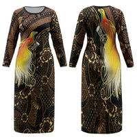 Papua New Guinea and Indonesia Batik Family Matching Long Sleeve Bodycon Dress and Hawaiian Shirt Bird of Paradise with Tribal Batik Patterns LT03 Mom's Dress Multicolor - Polynesian Pride