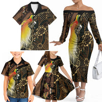 Papua New Guinea and Indonesia Batik Family Matching Off The Shoulder Long Sleeve Dress and Hawaiian Shirt Bird of Paradise with Tribal Batik Patterns LT03 - Polynesian Pride