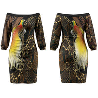 Papua New Guinea and Indonesia Batik Family Matching Off The Shoulder Long Sleeve Dress and Hawaiian Shirt Bird of Paradise with Tribal Batik Patterns LT03 Mom's Dress Multicolor - Polynesian Pride