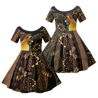 Papua New Guinea and Indonesia Batik Family Matching Off The Shoulder Long Sleeve Dress and Hawaiian Shirt Bird of Paradise with Tribal Batik Patterns LT03 Daughter's Dress Multicolor - Polynesian Pride