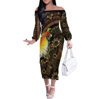 Papua New Guinea and Indonesia Batik Family Matching Off The Shoulder Long Sleeve Dress and Hawaiian Shirt Bird of Paradise with Tribal Batik Patterns
