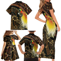 Papua New Guinea and Indonesia Batik Family Matching Short Sleeve Bodycon Dress and Hawaiian Shirt Bird of Paradise with Tribal Batik Patterns