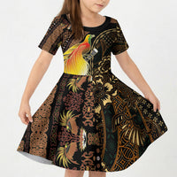 Papua New Guinea and Indonesia Batik Kid Short Sleeve Dress Bird of Paradise with Tribal Batik Patterns LT03 KID Multicolor - Polynesian Pride