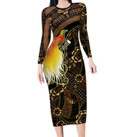 Papua New Guinea and Indonesia Batik Long Sleeve Bodycon Dress Bird of Paradise with Tribal Batik Patterns