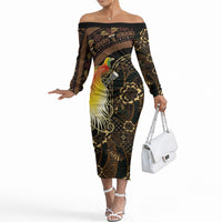 Papua New Guinea and Indonesia Batik Off The Shoulder Long Sleeve Dress Bird of Paradise with Tribal Batik Patterns LT03 Women Multicolor - Polynesian Pride