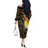 Papua New Guinea and Indonesia Batik Off The Shoulder Long Sleeve Dress Bird of Paradise with Tribal Batik Patterns