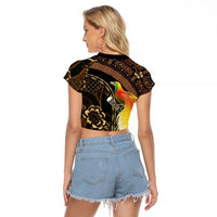 Papua New Guinea and Indonesia Batik Raglan Cropped T Shirt Bird of Paradise with Tribal Batik Patterns
