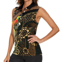 Papua New Guinea and Indonesia Batik Women Sleeveless Polo Shirt Bird of Paradise with Tribal Batik Patterns