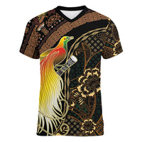 Papua New Guinea and Indonesia Batik Women V-Neck T-Shirt Bird of Paradise with Tribal Batik Patterns