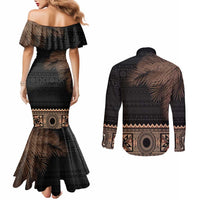 Fiji Palm Leaves Couples Matching Mermaid Dress and Long Sleeve Button Shirt Masi and Tapa Tribal Pattern Beige Color