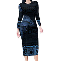 Fiji Palm Leaves Family Matching Long Sleeve Bodycon Dress and Hawaiian Shirt Masi and Tapa Tribal Pattern Blue Color
