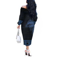 Fiji Palm Leaves Off The Shoulder Long Sleeve Dress Masi and Tapa Tribal Pattern Blue Color LT03 - Polynesian Pride
