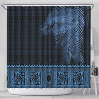 Fiji Palm Leaves Shower Curtain Masi and Tapa Tribal Pattern Blue Color