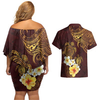 Polynesian Turtle Couples Matching Off Shoulder Short Dress and Hawaiian Shirt Plumeria Hibiscus Pattern Oxblood