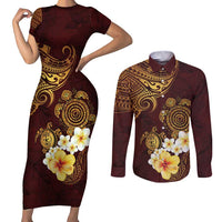 Polynesian Turtle Couples Matching Short Sleeve Bodycon Dress and Long Sleeve Button Shirt Plumeria Hibiscus Pattern Oxblood