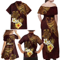 Polynesian Turtle Family Matching Off Shoulder Maxi Dress and Hawaiian Shirt Plumeria Hibiscus Pattern Oxblood