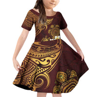 Polynesian Turtle Family Matching Off Shoulder Short Dress and Hawaiian Shirt Plumeria Hibiscus Pattern Oxblood