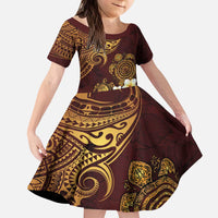 Polynesian Turtle Kid Short Sleeve Dress Plumeria Hibiscus Pattern Oxblood