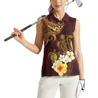 Polynesian Turtle Women Sleeveless Polo Shirt Plumeria Hibiscus Pattern Oxblood LT03 - Polynesian Pride