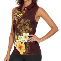 Polynesian Turtle Women Sleeveless Polo Shirt Plumeria Hibiscus Pattern Oxblood LT03 - Polynesian Pride