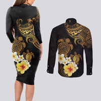 Polynesian Turtle Couples Matching Long Sleeve Bodycon Dress and Long Sleeve Button Shirt Plumeria Hibiscus Pattern Black Color