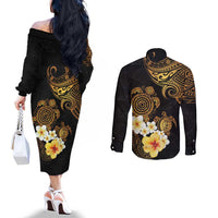 Polynesian Turtle Couples Matching Off The Shoulder Long Sleeve Dress and Long Sleeve Button Shirt Plumeria Hibiscus Pattern Black Color