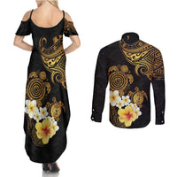 Polynesian Turtle Couples Matching Summer Maxi Dress and Long Sleeve Button Shirt Plumeria Hibiscus Pattern Black Color