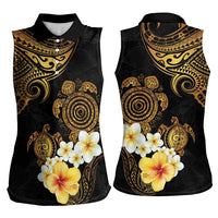 Polynesian Turtle Women Sleeveless Polo Shirt Plumeria Hibiscus Pattern Black Color LT03 - Polynesian Pride