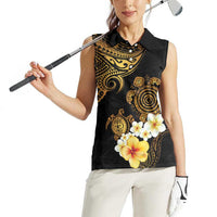 Polynesian Turtle Women Sleeveless Polo Shirt Plumeria Hibiscus Pattern Black Color LT03 - Polynesian Pride